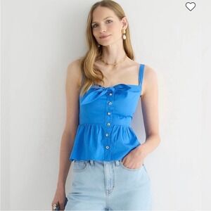 J CREW Button Up Peplum Top Women 10 Blue Bow Front Sleeveless Cotton Poplin